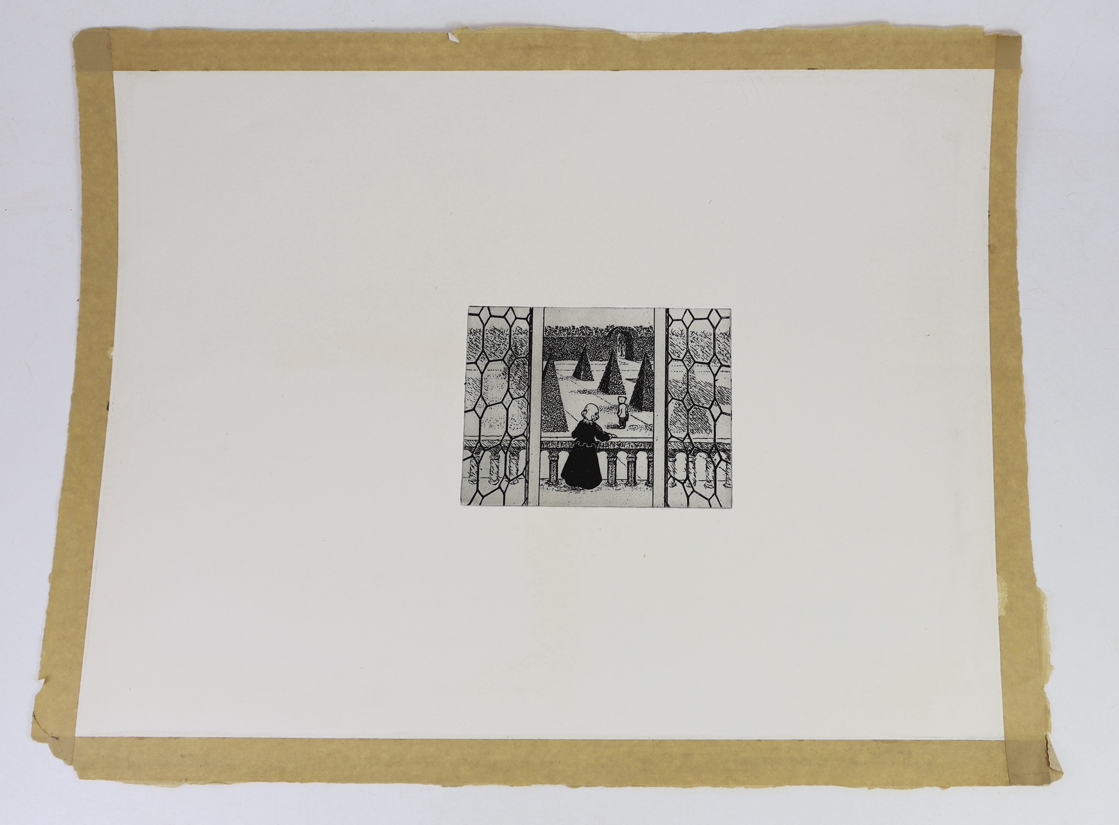Attributed to Stanley Dobbin (1932-2021) after Mary Tourtel (1874-1948) - Rupert and figure in a garden, engraving, plate 12.5 x 16cms., sheet 45 x 54cms.